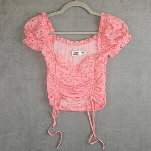 Y2K Pink Ruched Mesh Puff Sleeve Top Coquette Fairycore Babydoll Feminine Sz XS